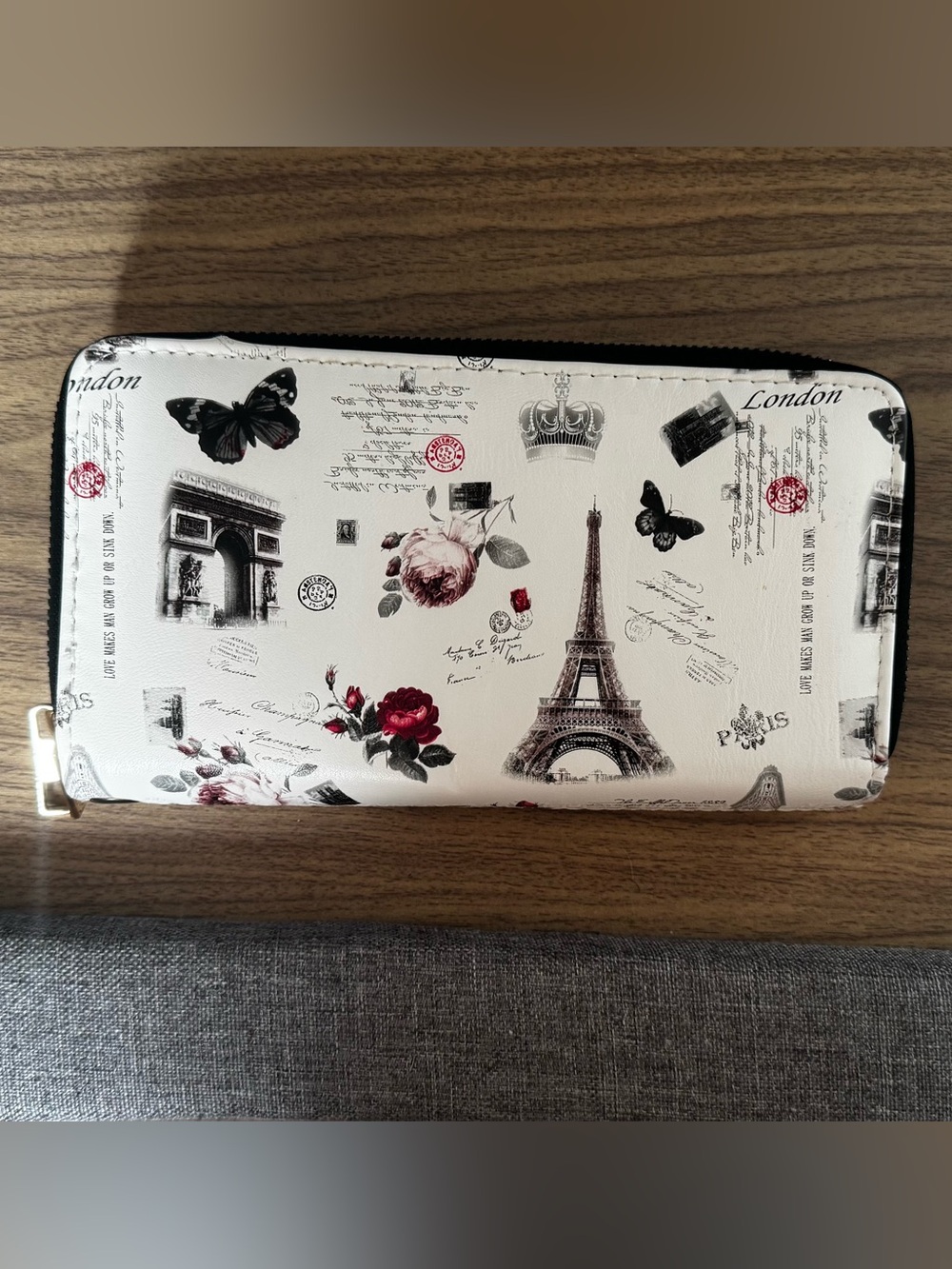 Paris Print Floral Zip Wallet - White with Red Accents
